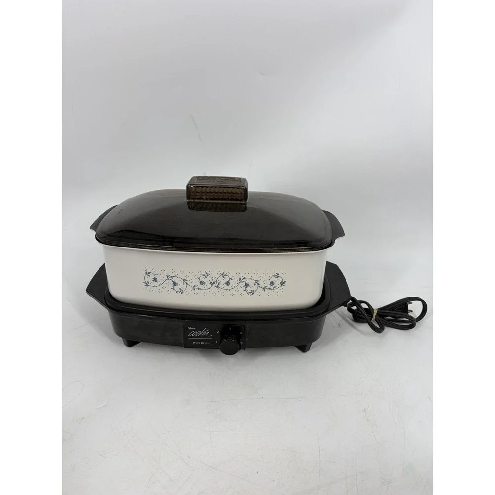 Vtg West Bend Model  4 Quart Slow Cooker Plastic Lid blue flowers WORKS